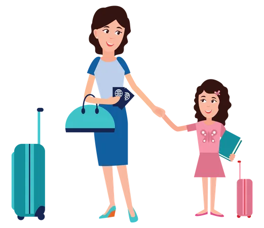 Femme avec sa fille partant en vacances  Illustration