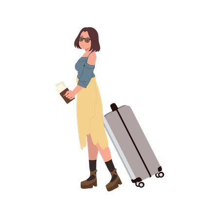 Femme avec sac et passeport  Illustration