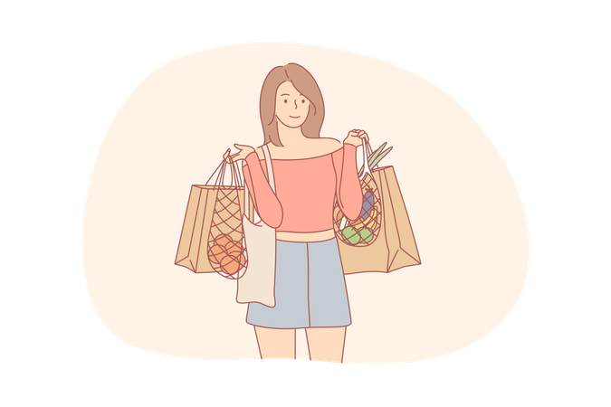 Femme avec des sacs d'épicerie  Illustration