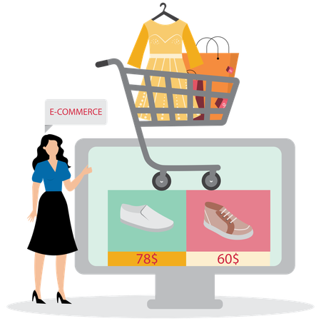 Femme avec un site de commerce électronique  Illustration