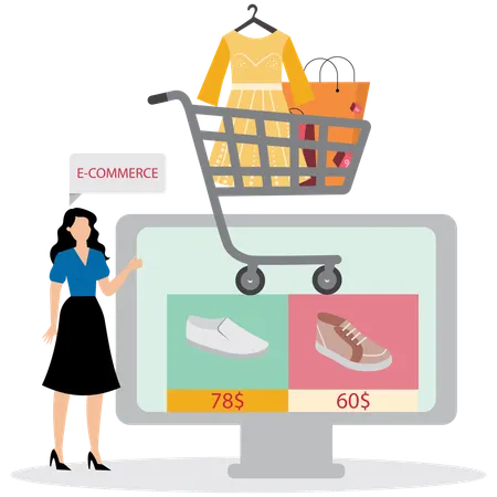 Femme avec un site de commerce électronique  Illustration