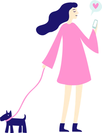 Femme avec smartphone et chien  Illustration