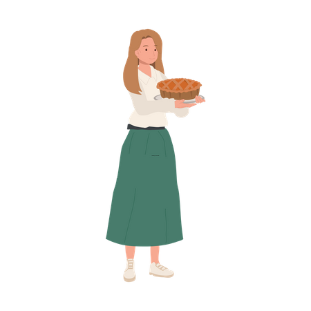 Femme avec tarte à la citrouille maison  Illustration