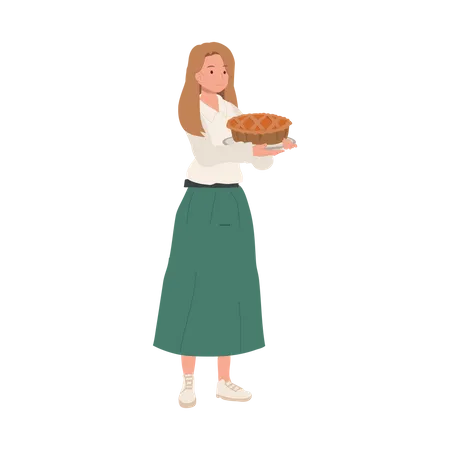 Femme avec tarte à la citrouille maison  Illustration