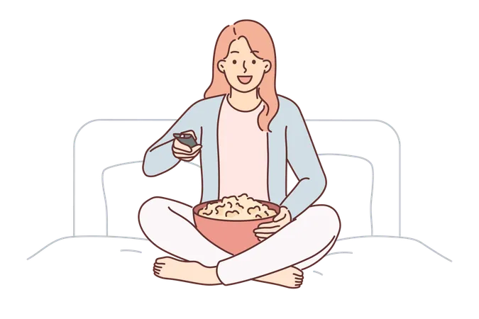 Femme avec télécommande TV allume la série assise sur le lit dans la chambre et tient une tasse de pop-corn  Illustration