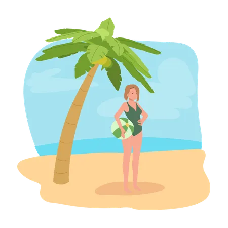 Femme avec ballon de plage sur la plage  Illustration