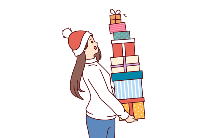 Femme avec un tas de cadeaux de Noël  Illustration