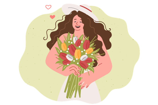 Une femme avec un bouquet de fleurs dans les mains se réjouit du cadeau romantique de son petit ami  Illustration