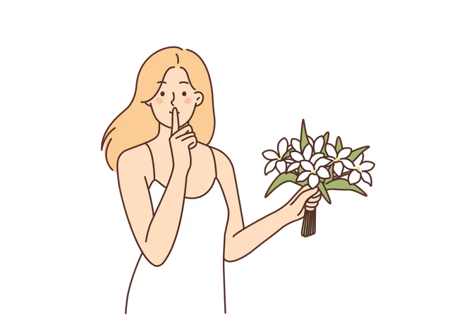 Une femme avec un bouquet de fleurs fait un geste chut avec le doigt sur les lèvres, voulant surprendre un être cher  Illustration