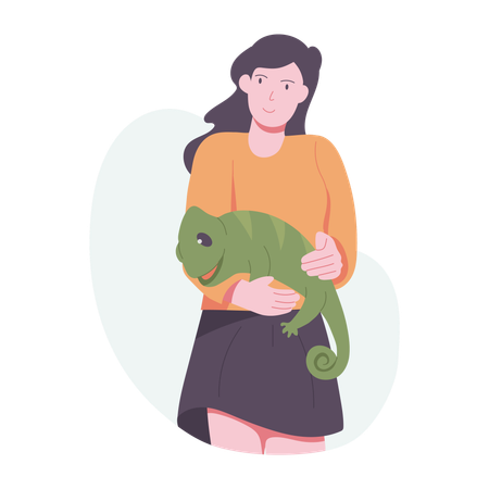 Femme avec un caméléon comme animal de compagnie  Illustration