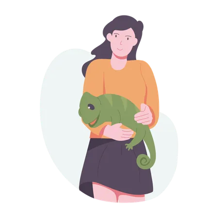 Femme avec un caméléon comme animal de compagnie  Illustration