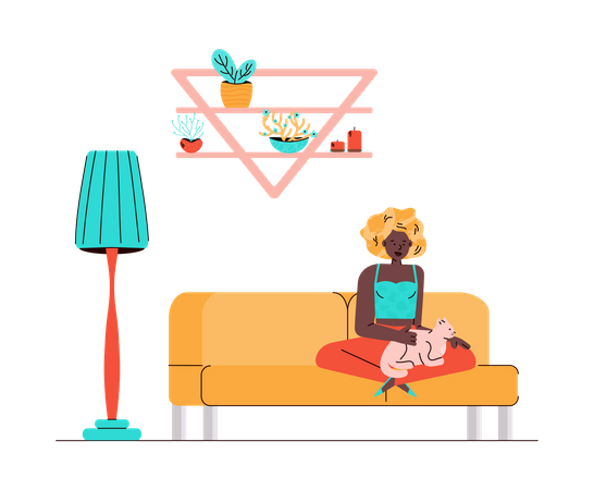 Femme avec un chat sur ses genoux, assise sur un canapé  Illustration