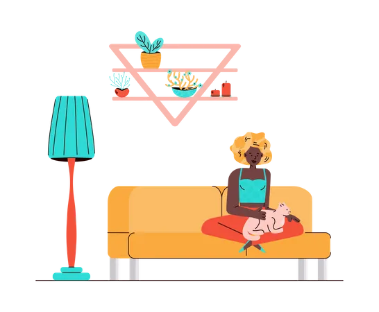 Femme avec un chat sur ses genoux, assise sur un canapé  Illustration