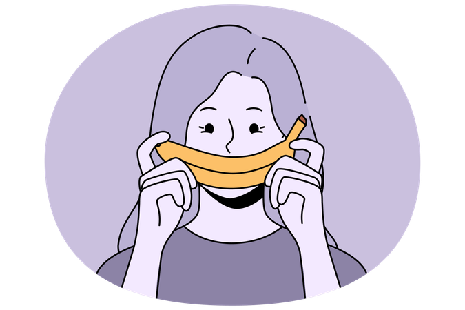 Une femme avec un faux sourire de banane ressent de la frustration causée par un problème dans sa relation  Illustration