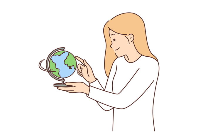 Une femme avec un globe travaille comme professeur de géographie et parle aux enfants des pays situés sur la planète Terre  Illustration