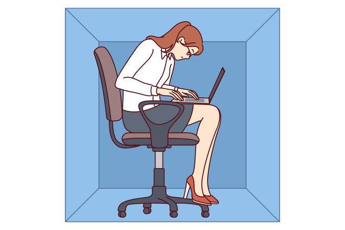 Une femme avec un ordinateur portable est assise dans une boîte en carton et écrit un article travaillant dans un bureau exigu d'une petite entreprise  Illustration