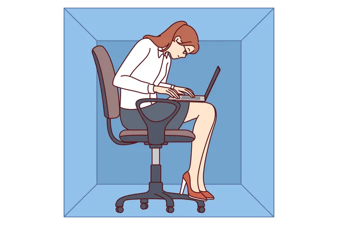 Une femme avec un ordinateur portable est assise dans une boîte en carton et écrit un article travaillant dans un bureau exigu d'une petite entreprise  Illustration
