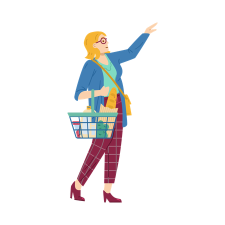 Femme avec panier au supermarché  Illustration