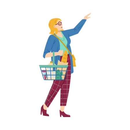 Femme avec panier au supermarché  Illustration