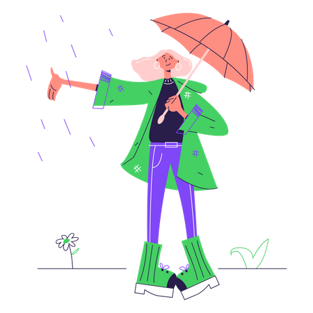 Une femme avec un parapluie profite de la pluie  Illustration