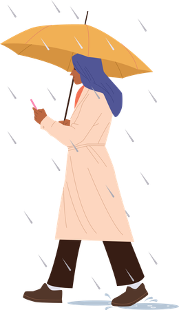 Femme avec parapluie marchant sous la pluie en utilisant son téléphone portable  Illustration