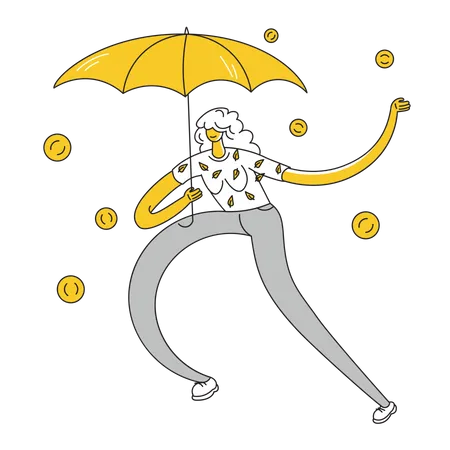 Femme avec un parapluie sous la pluie avec des pièces de monnaie  Illustration