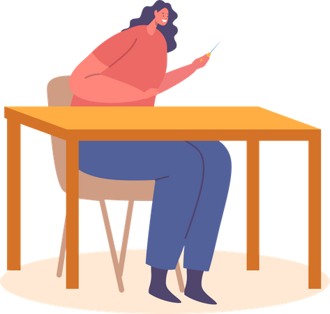 Femme avec un poinçon dans les mains assise sur le lieu de travail  Illustration