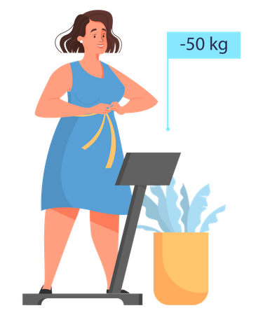 Femme avec un ruban à mesurer à la taille, debout sur une balance de poids  Illustration