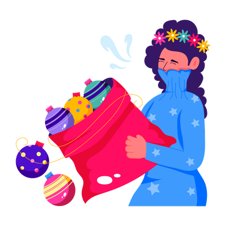 Femme avec un sac de décorations de Noël  Illustration