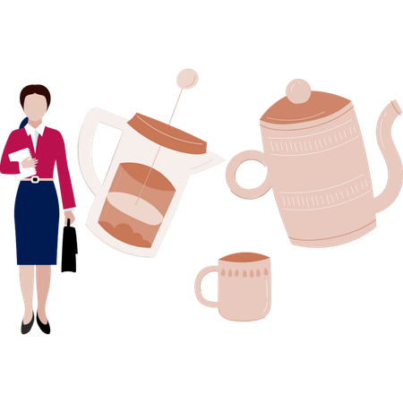 Femme avec un sac debout près d'une tasse de thé  Illustration