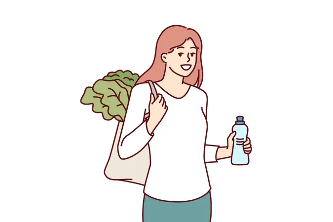 Femme avec un sac à provisions écologique réutilisable et une bouteille en plastique recyclée revient du marché fermier  Illustration