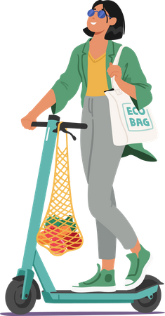 Femme avec un sac écologique sur l'épaule utilisant un transport écologique  Illustration