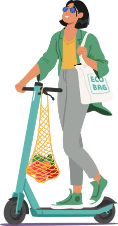 Femme avec un sac écologique sur l'épaule utilisant un transport écologique  Illustration