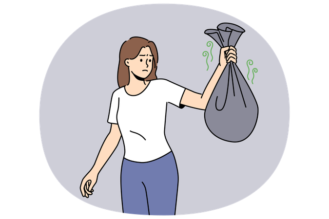 Femme avec un sac poubelle malodorant  Illustration