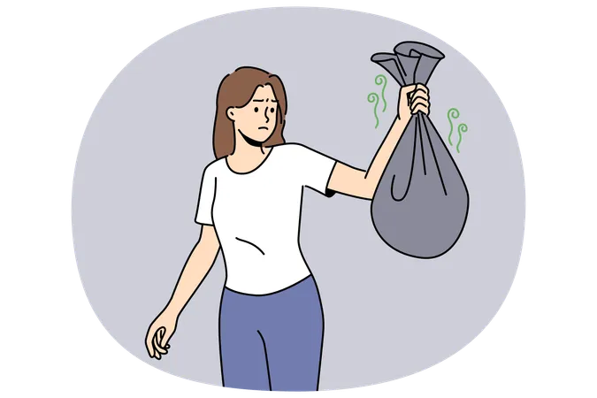 Femme avec un sac poubelle malodorant  Illustration