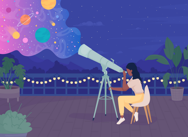 Femme avec télescope appréciant l'observation des étoiles sur le toit la nuit  Illustration