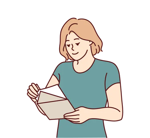 Une femme avec une enveloppe en mains lit la lettre reçue par courrier avec une invitation à un événement de divertissement  Illustration