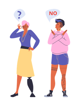 Une femme avec une prothèse de jambe montre un signe interrogatif de la main  Illustration