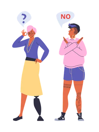 Une femme avec une prothèse de jambe montre un signe interrogatif de la main  Illustration