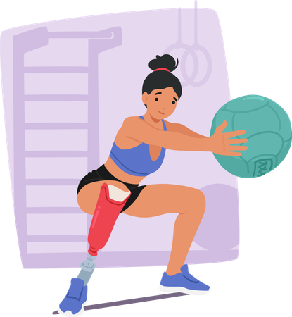 Une femme avec une jambe prothétique participe activement à une séance de fitness en utilisant un ballon médicinal dans une salle de sport  Illustration