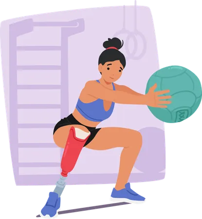 Une femme avec une jambe prothétique participe activement à une séance de fitness en utilisant un ballon médicinal dans une salle de sport  Illustration