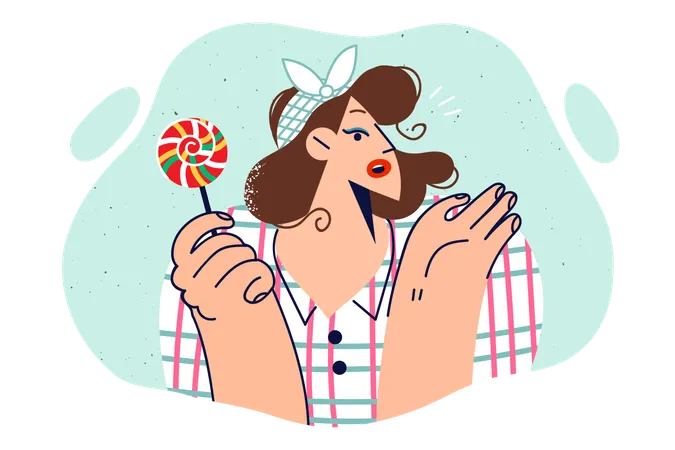 Une femme avec une sucette vêtue de style vintage écarte les bras de surprise et regarde sur le côté  Illustration