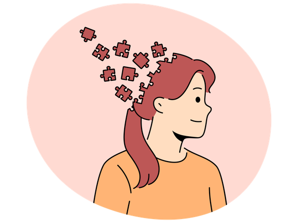 Femme avec une tête de puzzle comme métaphore du chaos dans la tête et du manque de planification pour résoudre les tâches  Illustration