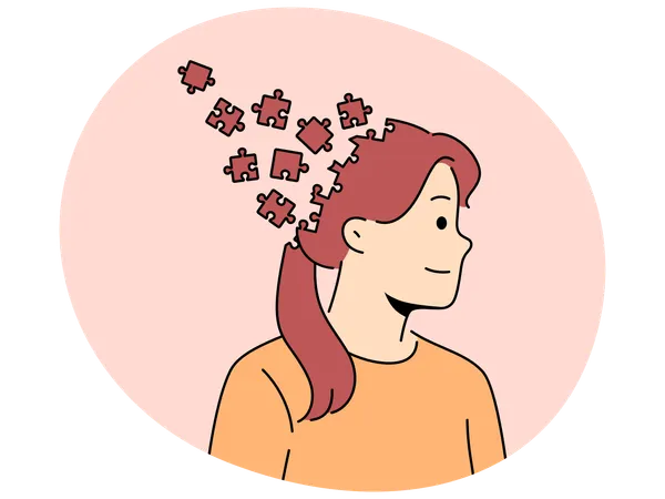Femme avec une tête de puzzle comme métaphore du chaos dans la tête et du manque de planification pour résoudre les tâches  Illustration