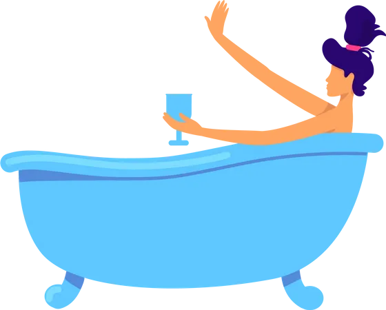 Femme avec verre à vin reposant dans la baignoire  Illustration