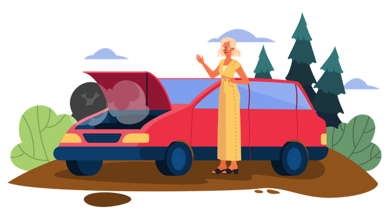 Femme avec voiture en panne  Illustration