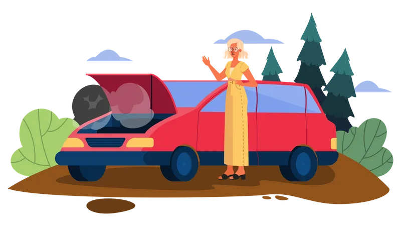 Femme avec voiture en panne  Illustration