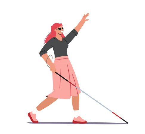 Femme aveugle avec canne et lunettes de soleil marchant le long de la rue  Illustration