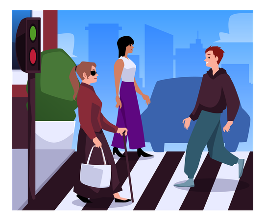 Une femme aveugle avec une canne traverse un passage piéton avec d'autres personnes  Illustration
