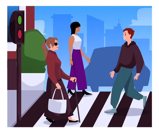 Une femme aveugle avec une canne traverse un passage piéton avec d'autres personnes  Illustration